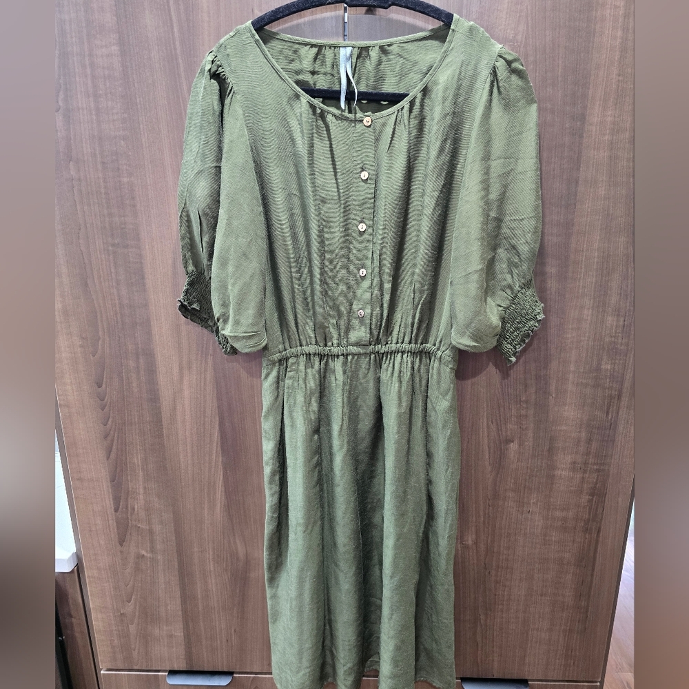 Anthropologie Army Green Puff Sleeve Lined Sundress With Sash Belt